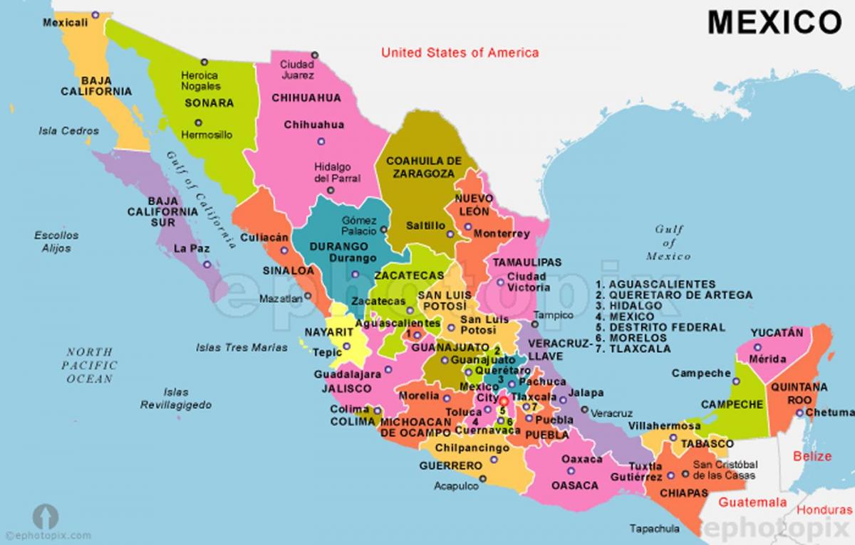 Mexico mapa na may mga estado at mga capitals