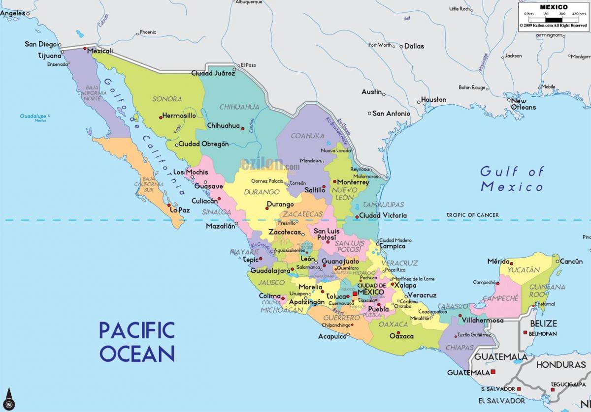 mapa ng Mexico na nagpapakita ng mga lungsod