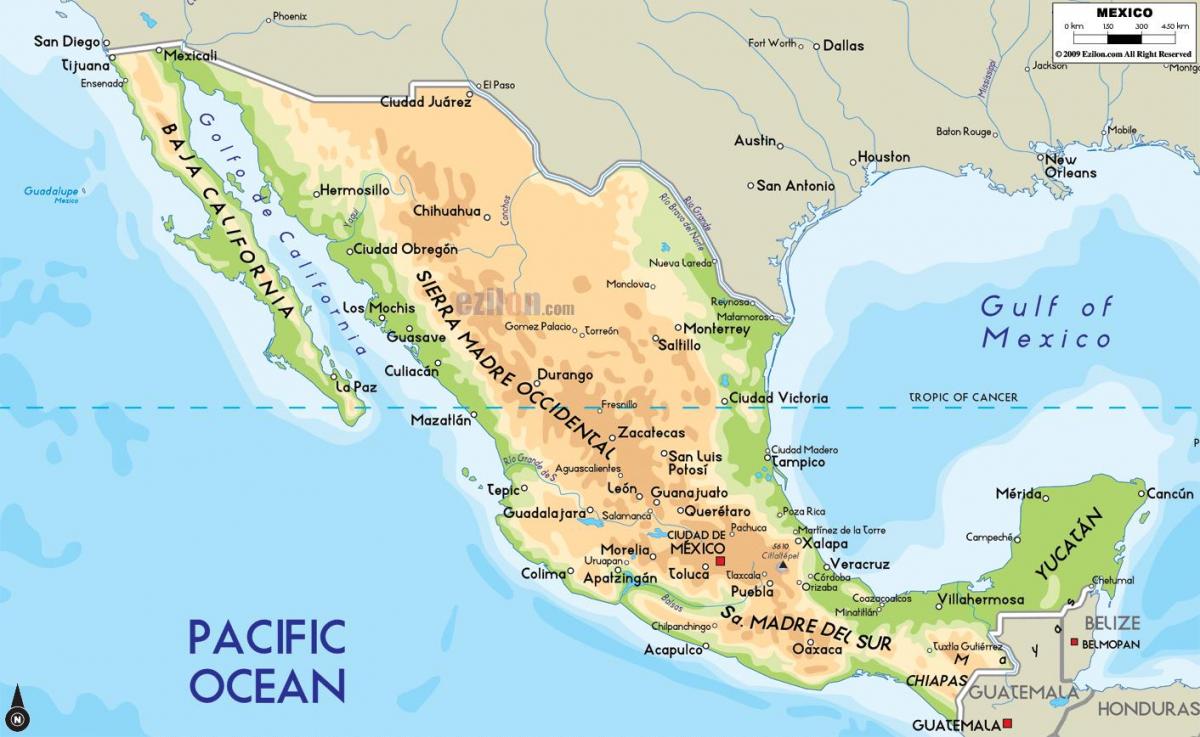 pisikal na mapa ng Mexico