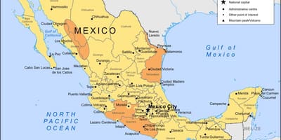 Mexico map na destinasyon ng mga turista
